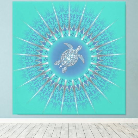 Turquoise Silver Turtle Mandala Coastal Canvas Afdruk (Insitu (Houten vloer))