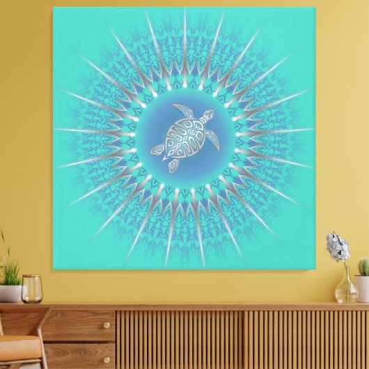 Turquoise Silver Turtle Mandala Coastal Canvas Afdruk (Insitu (Woonkamer))