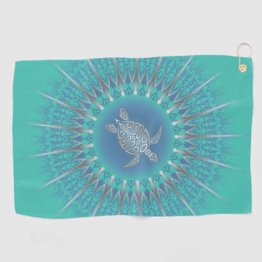 Turquoise Silver Turtle Mandala Coastal Golfhanddoek (Horizontaal)