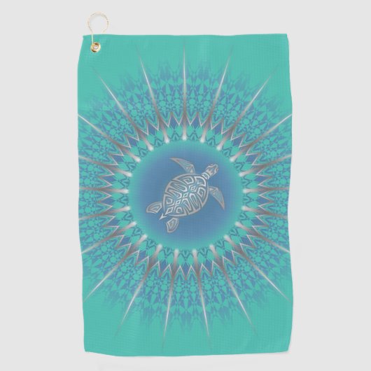 Turquoise Silver Turtle Mandala Coastal Golfhanddoek (Voorkant)