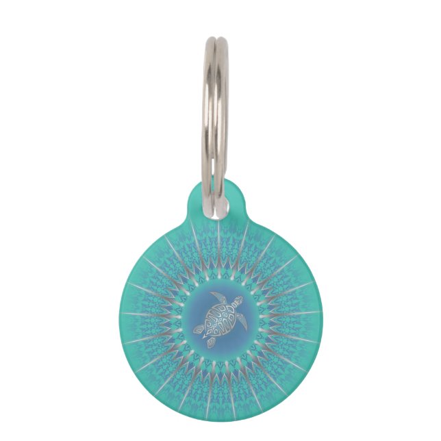 Turquoise Silver Turtle Mandala Huisdierpenning (Voorkant)