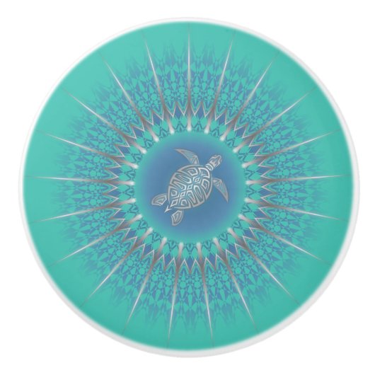 Turquoise Silver Turtle Mandala Keramische Knop (Voorkant)