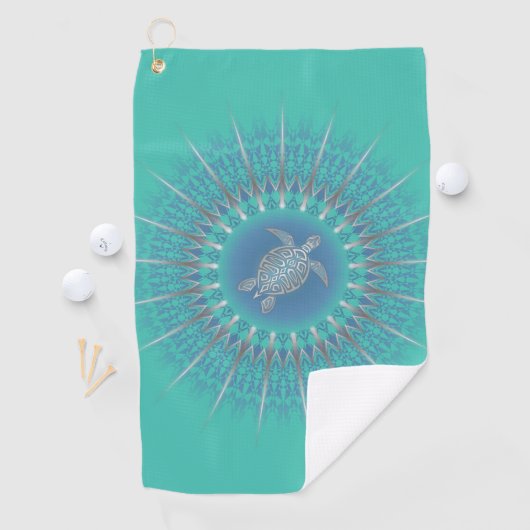 Turquoise Silver Turtle Mandala Maritime Golfhanddoek (Insitu)