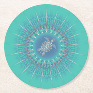 Turquoise Silver Turtle Mandala Ronde Kartonnen Onderzetter
