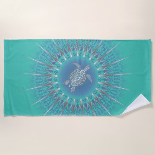 Turquoise Silver Turtle Mandala Strandlaken (Voorkant)