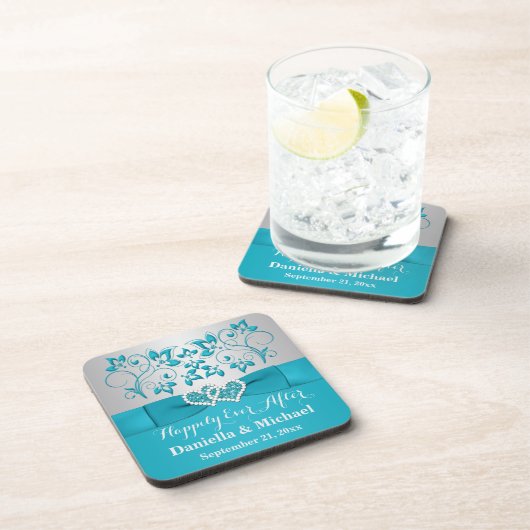 Turquoise, Silver Wedding Favor Onderzetter Set (6 (Rechterzijde)