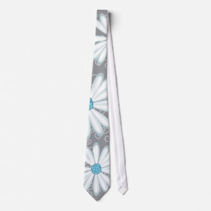 Turquoise Silver White Daisy Wild Flower Wedding Stropdas