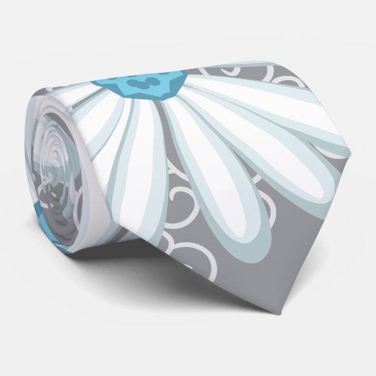 Turquoise Silver White Daisy Wild Flower Wedding Stropdas (Opgerold)