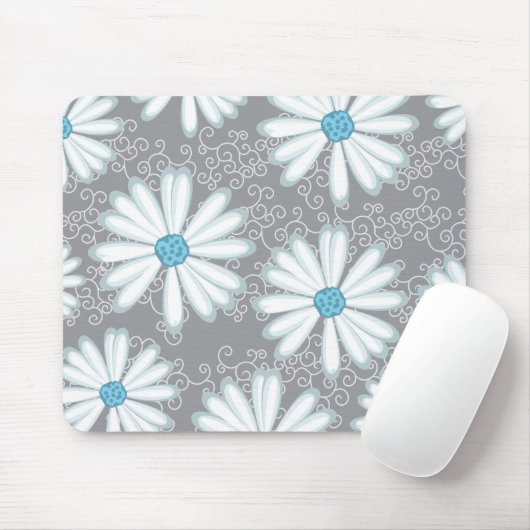 Turquoise Silver White Wild Daisy Floral Pattern Muismat (Met muis)