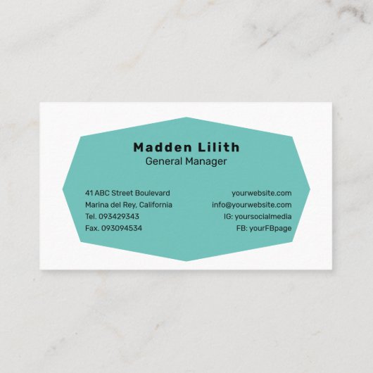 Turquoise Simple Sans Serif Font Visitekaartje (Achterkant)