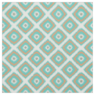 Turquoise Sinaasappel Diamond Squares Ikat Pattern Stof