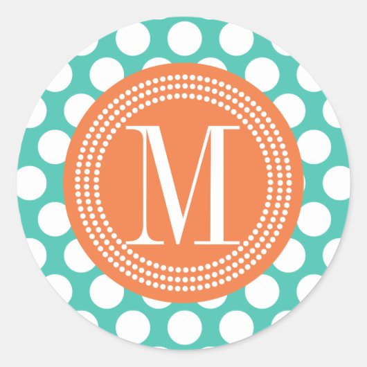 Turquoise & Sinaasappel | Grote polka dots monogra Ronde Sticker (Voorkant)