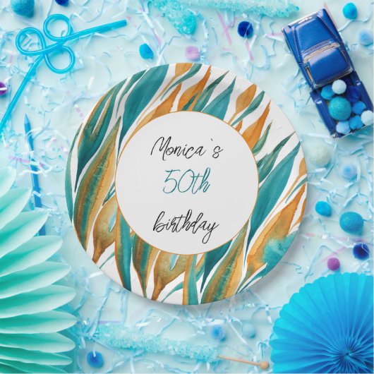 Turquoise Sinaasappel Mooie Waterverf gepersonalis Papieren Bordje (Feest)