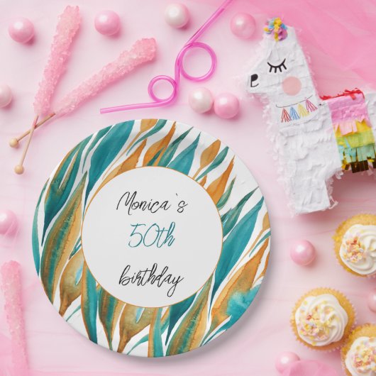 Turquoise Sinaasappel Mooie Waterverf gepersonalis Papieren Bordje (Feest)