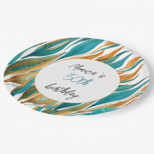 Turquoise Sinaasappel Mooie Waterverf gepersonalis Papieren Bordje (Gekanteld)