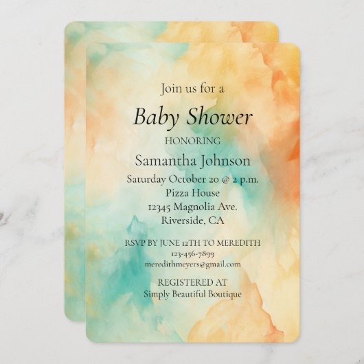 Turquoise Sinaasappel perzik golvende Waterverf Ab Kaart (Voorkant / Achterkant)