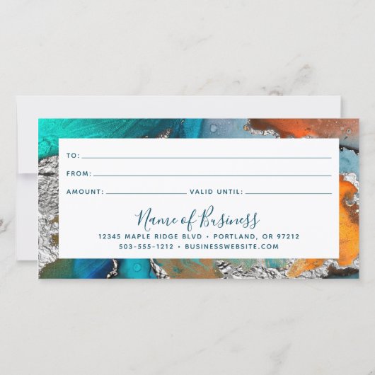 Turquoise Sinaasappel Zilveren Waterverf Cadeaubon (Achterkant)