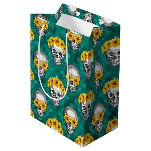 Turquoise Skulls and Sunflower Series Design 10 Medium Cadeauzakje (Achterkant Gekanteld)