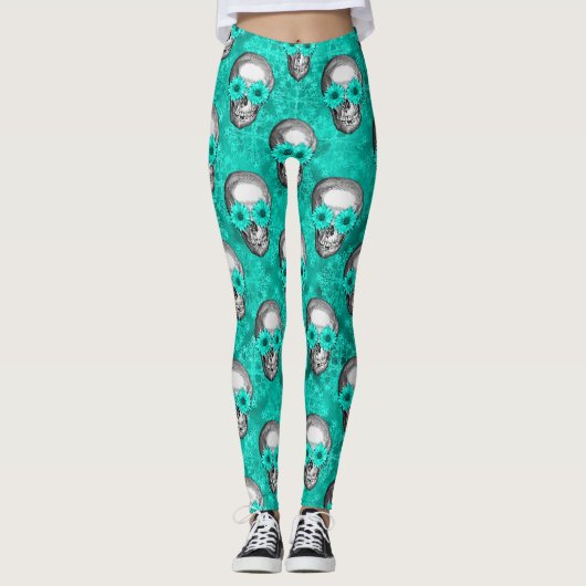 Turquoise Skulls and Sunflower Series Design 11 Leggings (Voorkant)