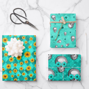 Turquoise Skulls and Sunflower Series Design 2 Inpakpapier Vel