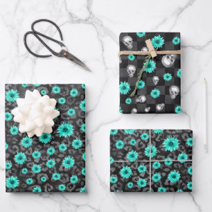 Turquoise Skulls and Sunflower Series Design 5 Inpakpapier Vel