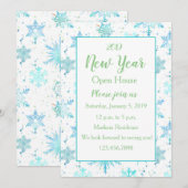 Turquoise Snowflake Nieuwjaar Open House Uitnodigi Kaart (Voorkant / Achterkant)