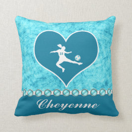 Turquoise Soccer Girl met naam en nummer Kussen