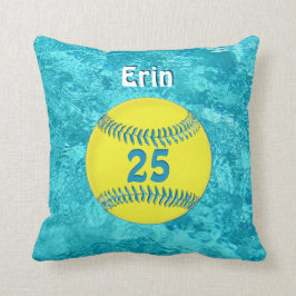 Turquoise Softbal Kussen met haar NAAM en NUMMER