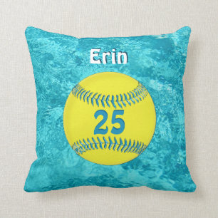 Turquoise Softbal Kussen met haar NAAM en NUMMER