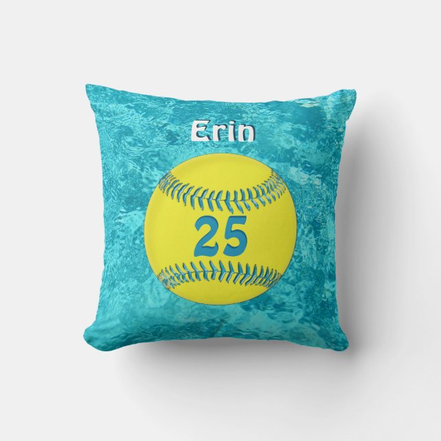 Turquoise Softball Pillow met haar naam en nummer Kussen (Voorkant)