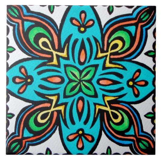 Turquoise Spaans Design Ceramic Photo Tile Tegeltje (Voorkant)