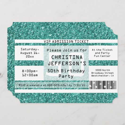 Turquoise Sparkle 50ste verjaardagsfeestticket Kaart (Voorkant / Achterkant)