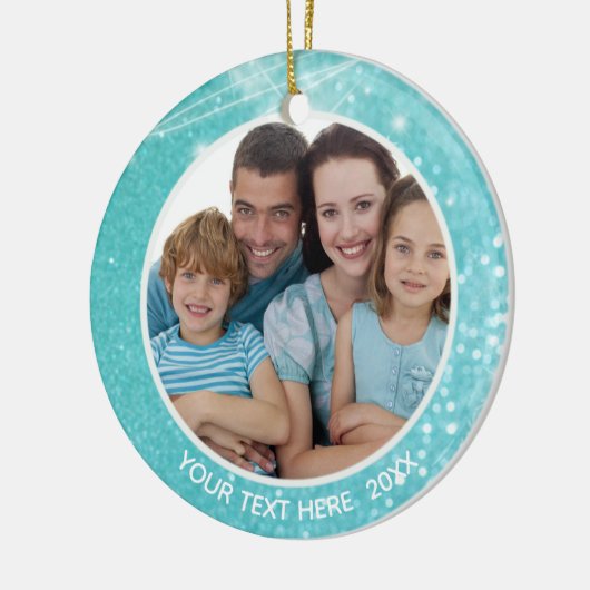 Turquoise Sparkle Bokeh, Two Photo, Two Sided Keramisch Ornament (Links)