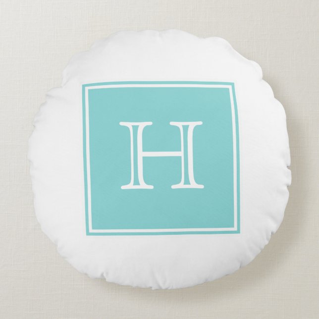 Turquoise Square Monogram Round Pillow Rond Kussen (Voorkant)