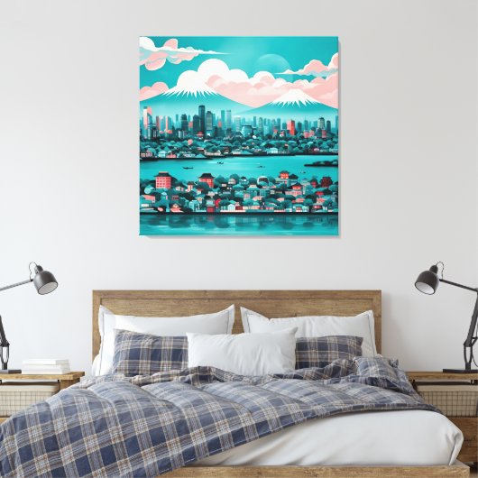 Turquoise Stad AI-kunst Canvas Afdruk (Insitu (Slaapkamer))