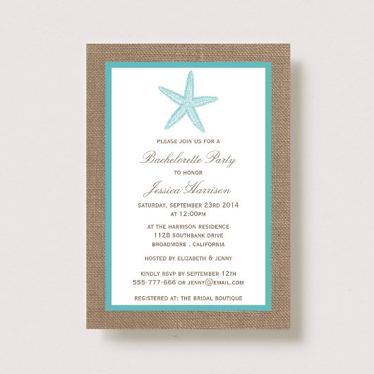 Turquoise Starfish Beach Burlap Bachelorette Party Kaart