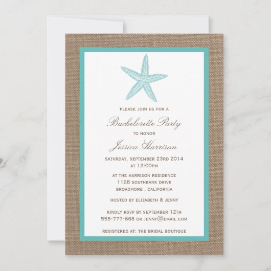 Turquoise Starfish Beach Burlap Bachelorette Party Kaart (Voorkant)