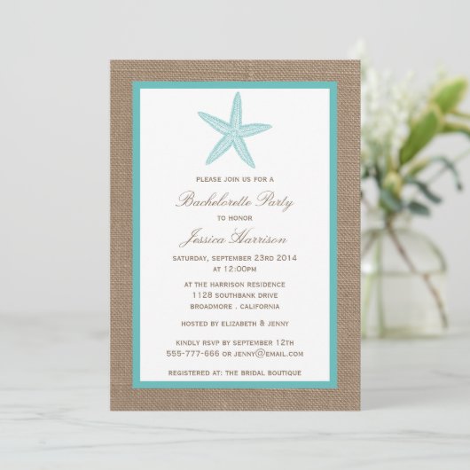 Turquoise Starfish Beach Burlap Bachelorette Party Kaart (Staand voorkant)
