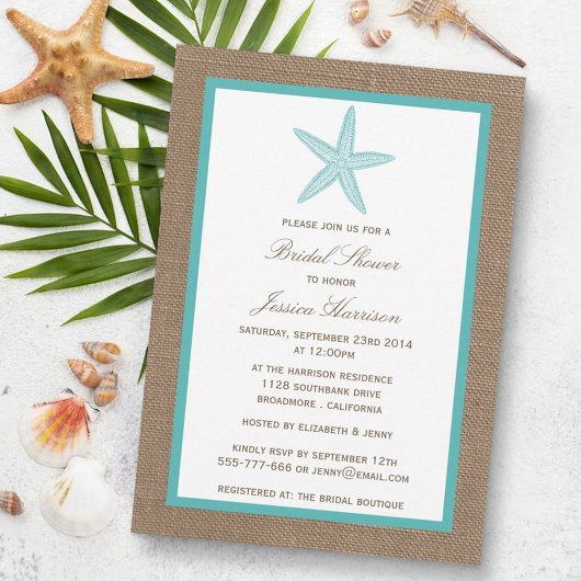 Turquoise Starfish Beach Burlap Vrijgezellenfeest Kaart