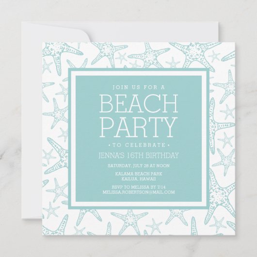 Turquoise Starfish Beach Party Kaart (Voorkant)