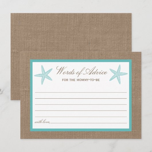 Turquoise Starfish Burlap Beach Baby shower Advieskaart (Voorkant / Achterkant)