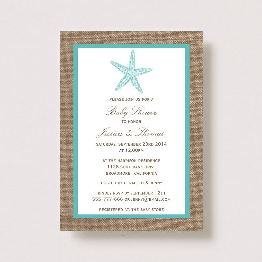 Turquoise Starfish Burlap Beach Baby shower Kaart