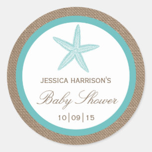 Turquoise Starfish Burlap Beach Baby shower Ronde Sticker