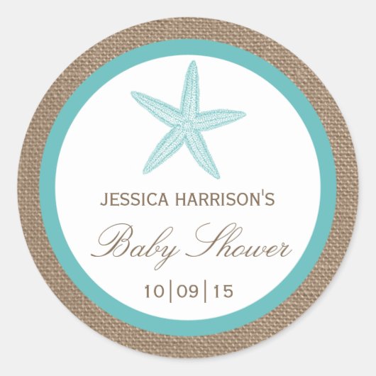 Turquoise Starfish Burlap Beach Baby shower Ronde Sticker (Voorkant)