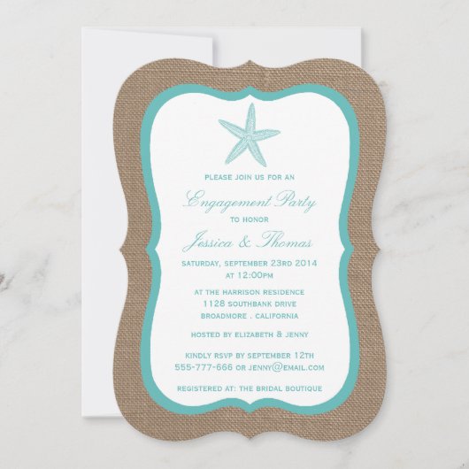 Turquoise Starfish Burlap Beach Engagement Party Kaart (Voorkant)