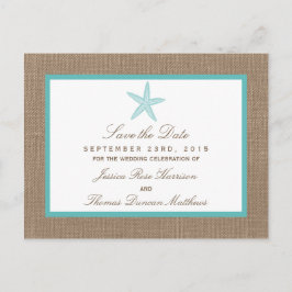Turquoise Starfish Burlap Beach Wedding Collectie Aankondigingskaart