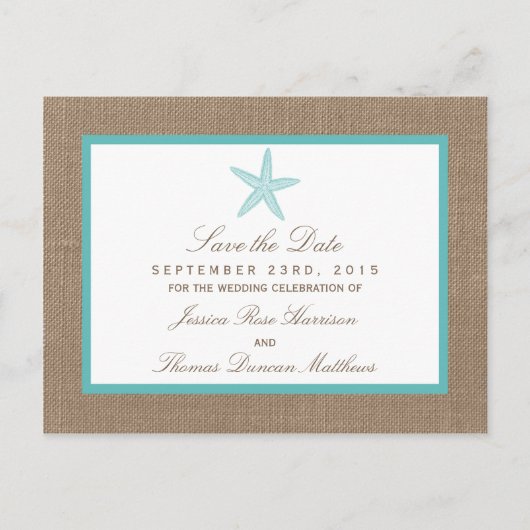 Turquoise Starfish Burlap Beach Wedding Collectie Aankondigingskaart (Voorkant)