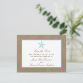 Turquoise Starfish Burlap Beach Wedding Collectie Aankondigingskaart (Staand voorkant)