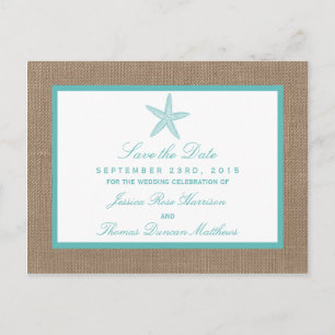 Turquoise Starfish Burlap Beach Wedding Collectie Aankondigingskaart