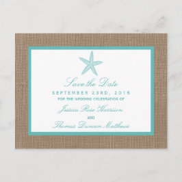 Turquoise Starfish Burlap Beach Wedding Collectie Aankondigingskaart
